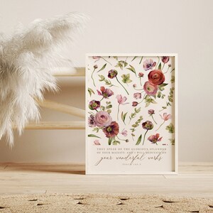 May include: A white framed print with a watercolor floral design and a bible verse from Psalm 145:5. The verse reads "They speak of the glorious splendor of your majesty, and I will meditate on your wonderful works."