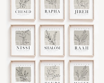 Hebrew Names of God Set of 9 Wall Art Prints, Bible Verse Minimalist Gallery, JEHOVAH Rapha Raah Tsuri Chesed Jireh Shalom Printable Art