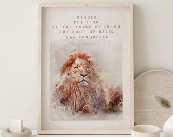 Revelation 5:5, the Lion of the tribe of Judah, the Root of David, hath prevailed, Lion of Judah Bible Verse Wall Art, Bible verse Printable