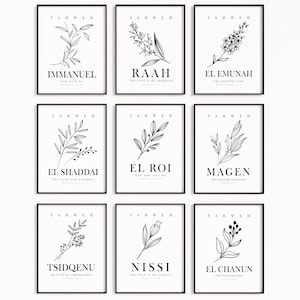 Hebrew Names of God Set of 9 Wall Art Prints, Bible Verse Minimalist Gallery,YAHWEH Name Raah El Shaddai El Roi Nissi Immanuel Printable Art