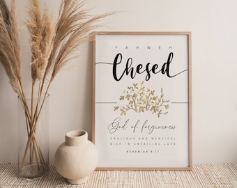 YAHWEH CHESED Wall Art: God of Forgiveness Print, Hebrew Names of God Printable, Nehemiah 9 Bible Verse Art Print, Hesed Loving Kindness