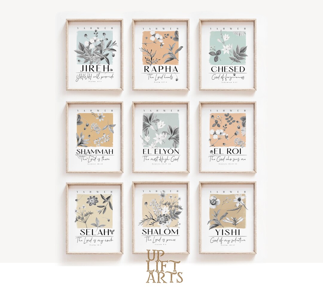 Hebrew Names of God Set of 9 Wall Art Prints, Bible Botanical Gallery ...