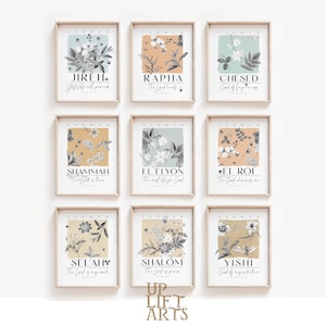 Hebrew Names of God Set of 9 Wall Art Prints, Bible Botanical Gallery, YAHWEH Selah Chesed Jireh Rapha El Roi El Elyon Shalom Printable Art