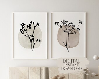 BOHO Printable Wall Art Set Of 2 Modern Art Print, Living Room Mid Century Wall Line Art Print Set, Bohemian Wall Decor Print Set