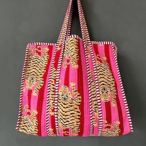 Tiger Print Cotton Tote Bag Eco Friendly Sustainable Sturdy Grocery Shopping Tote Bag Handmade Boho Bag Quilted Tote Bag Market Bag