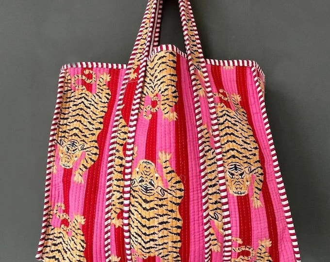 Tiger Print Baumwoll-Einkaufstasche Umweltfreundliche nachhaltige robuste Einkaufstasche Handgemacht Boho Tasche Gesteppte Einkaufstasche Markttasche