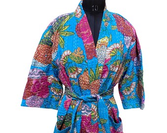 Ręcznie robiona bawełniana kurtka kimono Kantha: pikowana szata indyjska