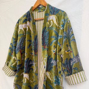 Green Jungle Print Velvet Kimono Robes Handmade Cotton Velvet Robe  Morning Tea Coat