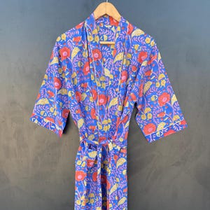 Bata tipo kimono de algodón, bata de dama de honor con estampado de bloques, kimono de verano para dormir, bata de talla única, kimono de algodón hecho a mano, Rboe para mujer