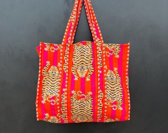 Tiger Print Cotton Tote Bag Eco Friendly Sustainable Sturdy Grocery Shopping Tote Bag Handmade Boho Bag Quilted Tote Bag Market Bag