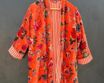 Floral Print Velvet Kimono Robes Handmade Cotton Velvet Robe  Morning Tea Coat