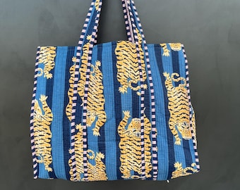 Handmade Tiger Print Cotton Quilted Tote Bag: Boho Market Bag