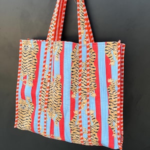 Tiger Print Cotton Quilted Tote Bag: Handmade Ethnic Market Bag