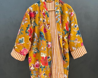 Floral Print Velvet Kimono Robes Handmade Cotton Velvet Robe  Morning Tea Coat
