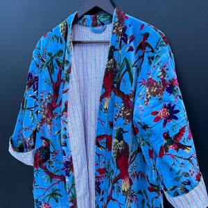 Bird Print Velvet Kimono Robes, Morning Tea Velvet Coat, Bridesmaid Robe, Women Wear Cotton Velvet robe, Velvet Jacket, Bridal Robe