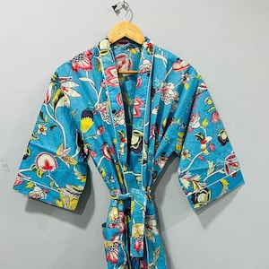 Roupão de algodão com estampa floral, tamanho longo, noite, feito à mão, kimno, roupa de dormir, roupão turco, vestido bohemain, hippie