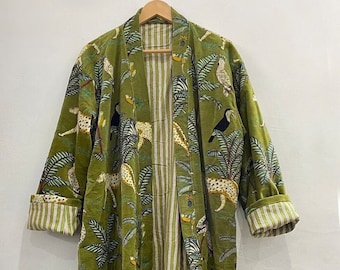 Abiti kimono in velluto con stampa giungla verde, cappotto in velluto per il tè del mattino, abito da damigella d'onore, abito da donna in velluto di cotone, giacca di velluto, abito da sposa