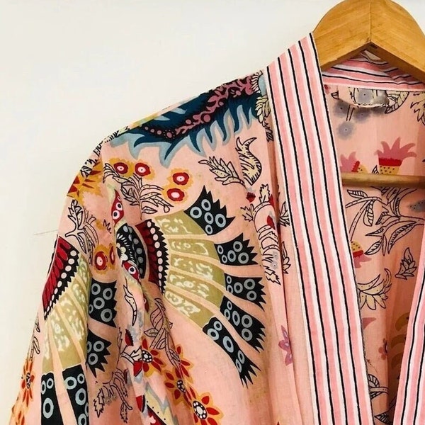 Baumwolle Kimono Robe Morgenmantel, Brautjungfer Robe mit Blockprint, Sommer Nachtwäsche, Einheitsgröße
