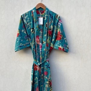 Roupão de algodão com estampa floral, tamanho longo, camisola feita à mão, kimno de algodão, roupa de dormir turca, roupão de dormir, vestido boêmio hippie