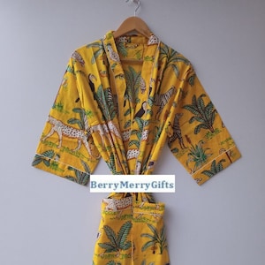 Safari Jungle Cotton Kimono Dress, Bath Robe Kimono, hand Block Printed Cotton Kimono, Shawer Robe, Cotton Kimono Robe, Dressing Gown, Robe