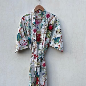 Roupão de algodão com estampa floral, tamanho longo, feito à mão, de algodão, Kimno, roupa de dormir, roupão turco, roupa de dormir, vestido Bohemain Hippie