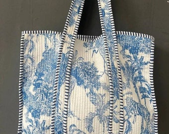 Floral Print Cotton Tote Bag Eco Friendly Sustainable Sturdy Grocery Shopping Tote Bag Handmade Boho Bag Quilted Tote Bag Market Bag
