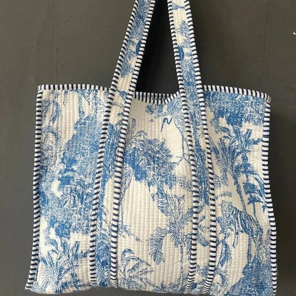 Floral Print Cotton Tote Bag Eco Friendly Sustainable Grocery Shopping Bag Handmade Quilted Handbag 