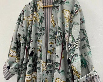 Grey Jungle Print Velvet Kimono Robes, Morning Tea Velvet Coat, Bridesmaid Robe, Women Wear Cotton Velvet robe, Velvet Jacket, Bridal Robe