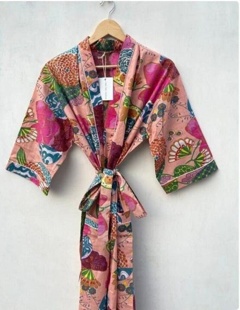 Cotton Kimono Robe Dressing Gown, Block Print Bridesmaid Robe, Summer Nightwear Kimono, One Size Robe, Handmade Cotton Kimono, Women Rboe