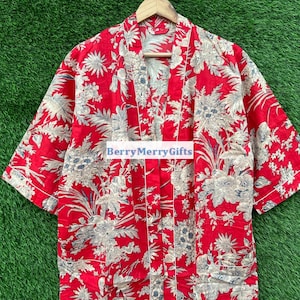 Roupão de algodão com estampa floral, tamanho longo, noite, feito à mão, kimno, roupa de dormir, roupão turco, vestido bohemain, hippie