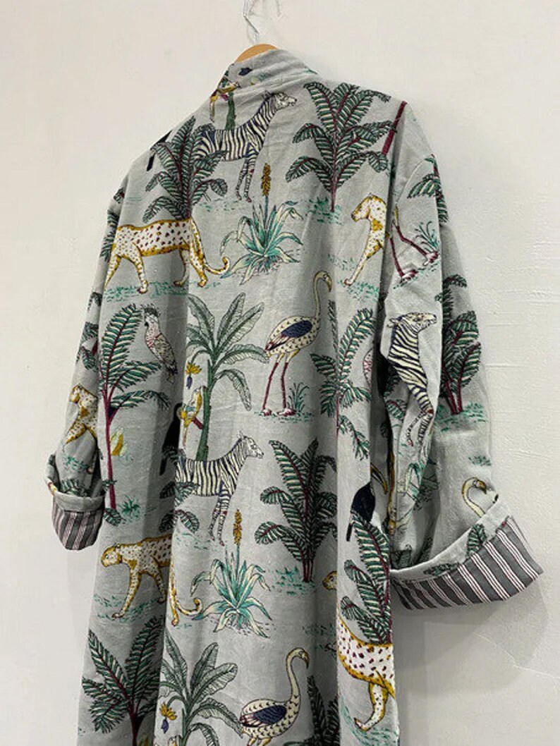 Grey Jungle Print Velvet Kimono Robes Handmade Cotton Velvet Robe ...