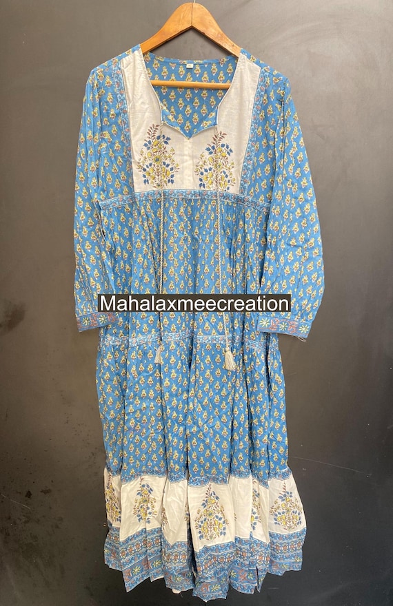 Floral Block Print Cotton Midi Dress, Indian Summer Dress
