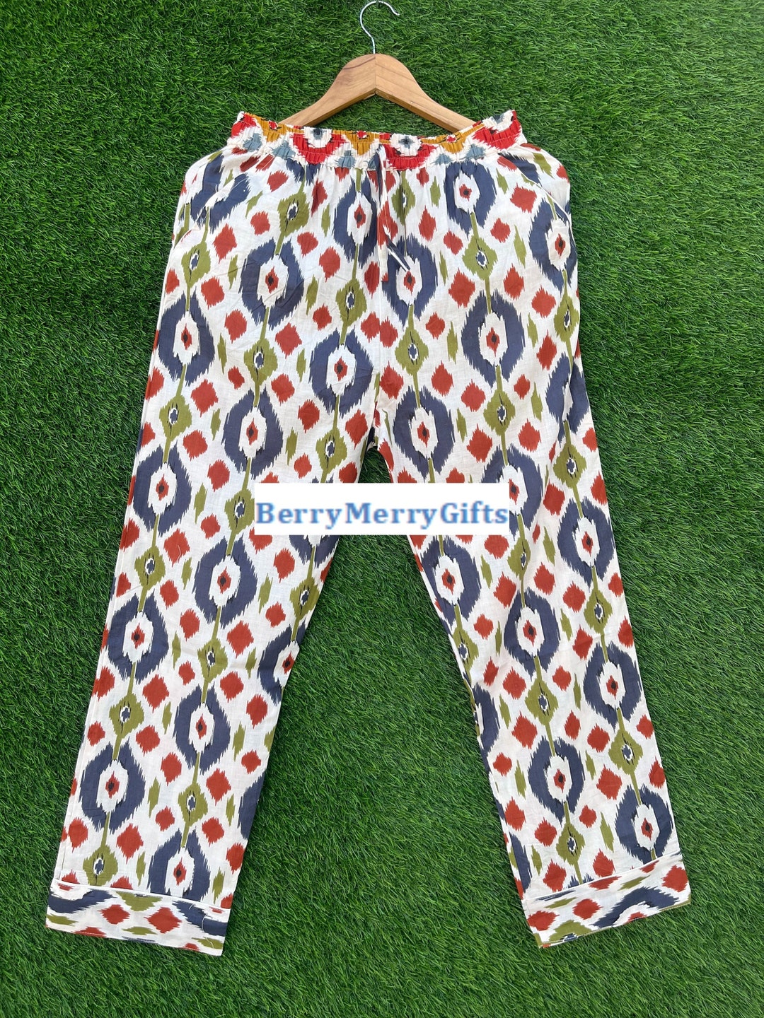 Ikat Print Cotton Pajama Pants, Women Lounge Pants, Beach Pants, Floral