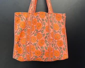 Floral Print Cotton Tote Bag Eco Friendly Sustainable Sturdy Grocery Shopping Tote Bag Handmade Boho Bag Quilted Tote Bag Market Bag