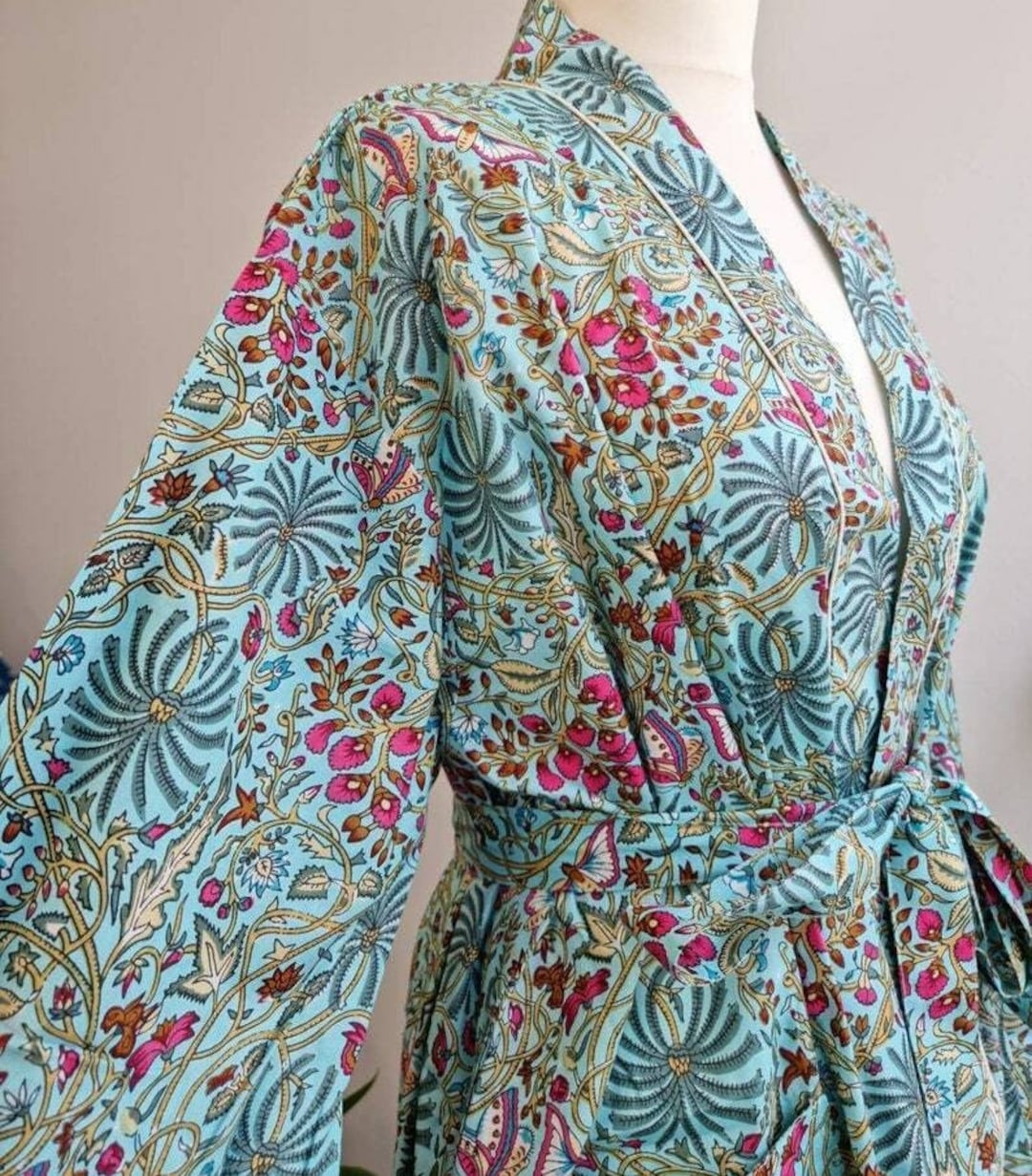 Handmade Cotton Kimono Robe: Long Floral Print Bohemian Gown - Etsy