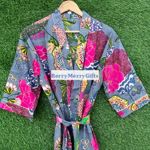 Albornoz de algodón con estampado teopical, camisón de tamaño largo, hecho a mano, Kimno, ropa de dormir, albornoz turco, ropa de dormir, bata Bohemain, vestido hippie