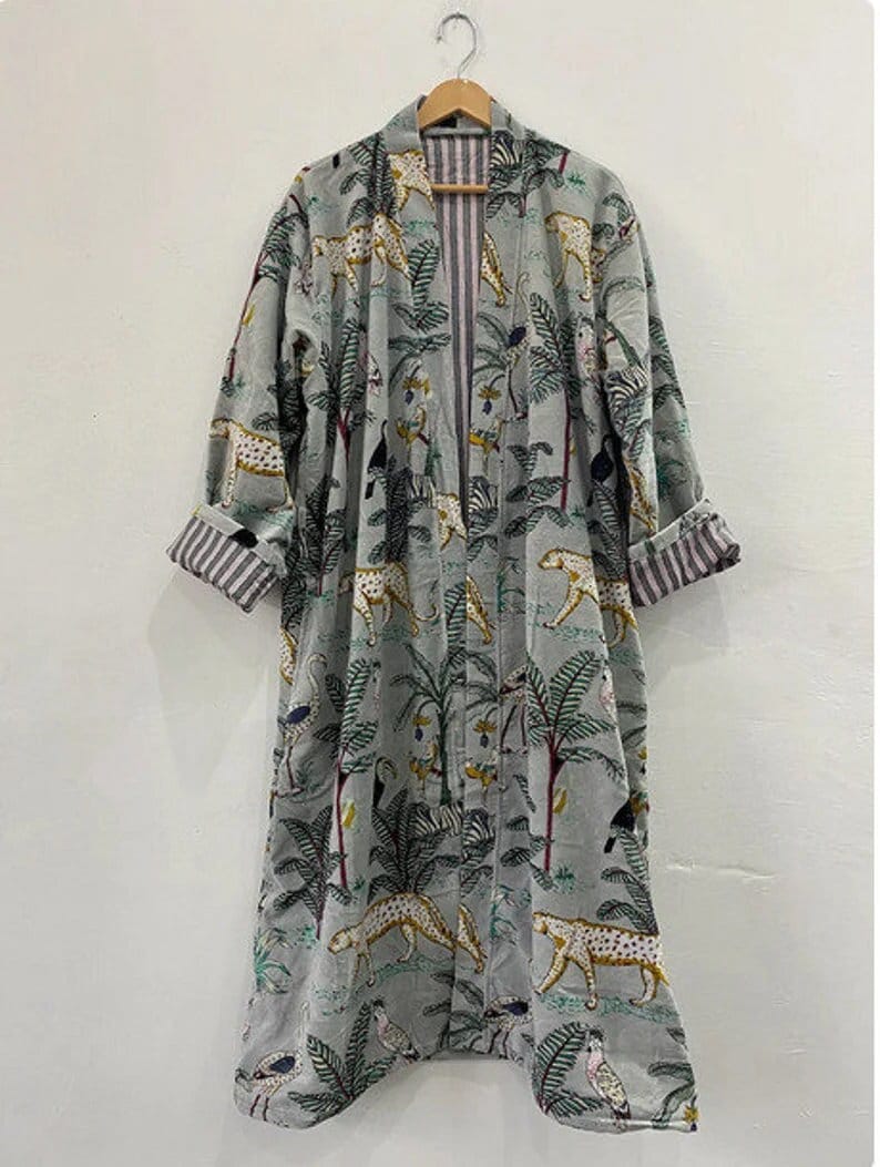 Grey Jungle Print Velvet Kimono Robes Handmade Cotton Velvet Robe ...