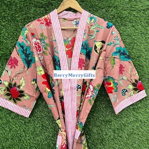 Roupão de algodão com estampa floral, tamanho longo, camisola feita à mão, kimno de algodão, roupa de dormir turca, roupão de dormir, vestido boêmio hippie
