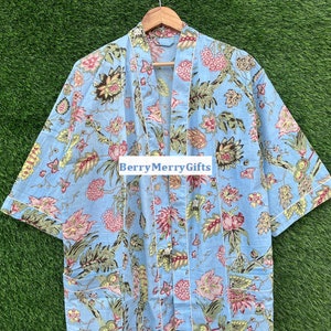 Roupão de algodão com estampa floral, tamanho longo, feito à mão, de algodão, Kimno, roupa de dormir, roupão turco, roupa de dormir, vestido Bohemain Hippie