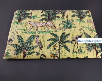 Safari Jungle Print Kantha Quilt: Indian Queen Size Bedspread