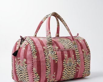 Tiger Print Quilted Cotton Duffle Bag: Handmade Floral Travel Bag