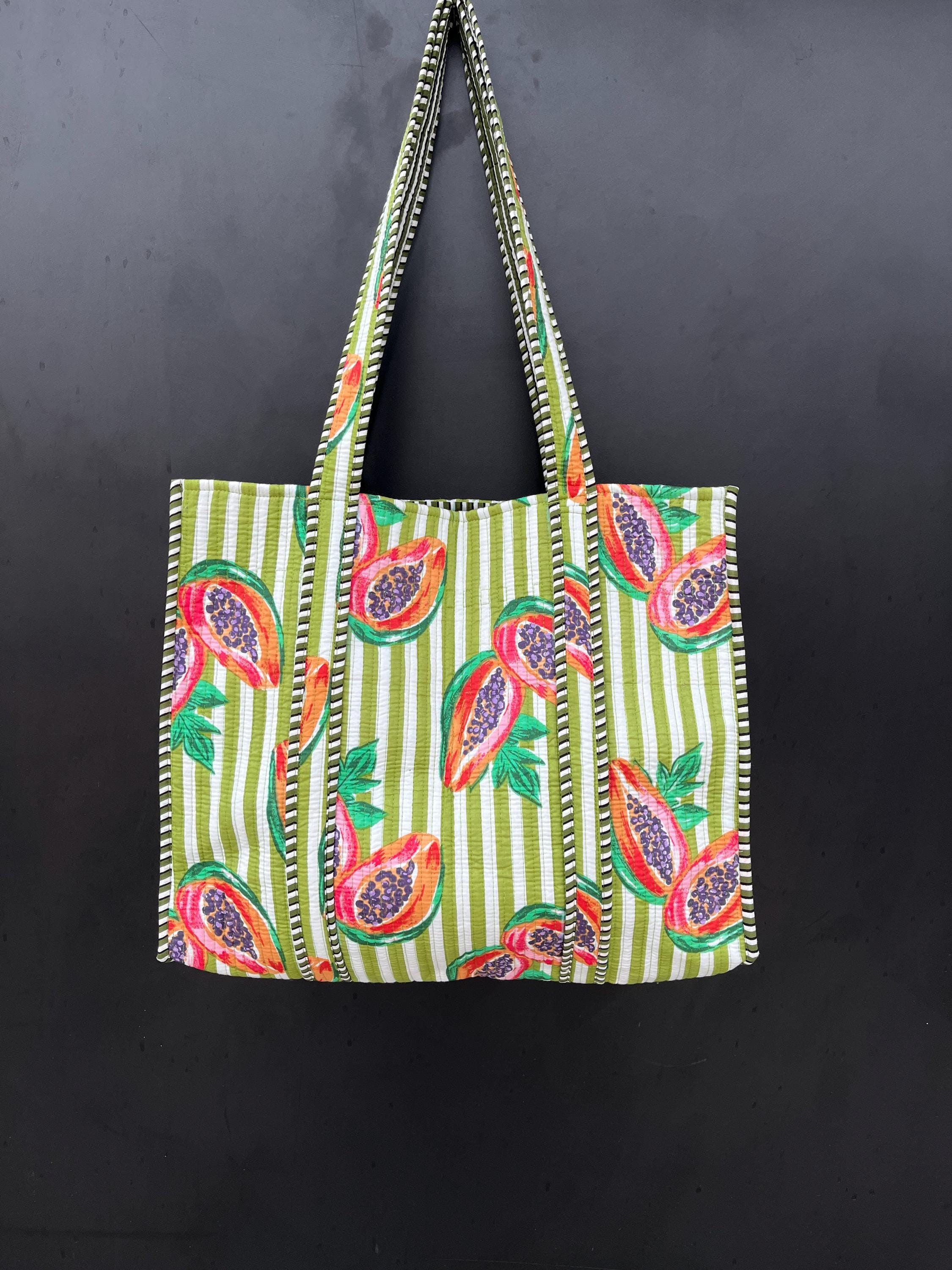 Fruit Print Cotton Tote Bag Eco Friendly Sustainable Sturdy Grocery Shopping Tote Bag Handmade Boho Bag Quilted Tote Bag Market Bag