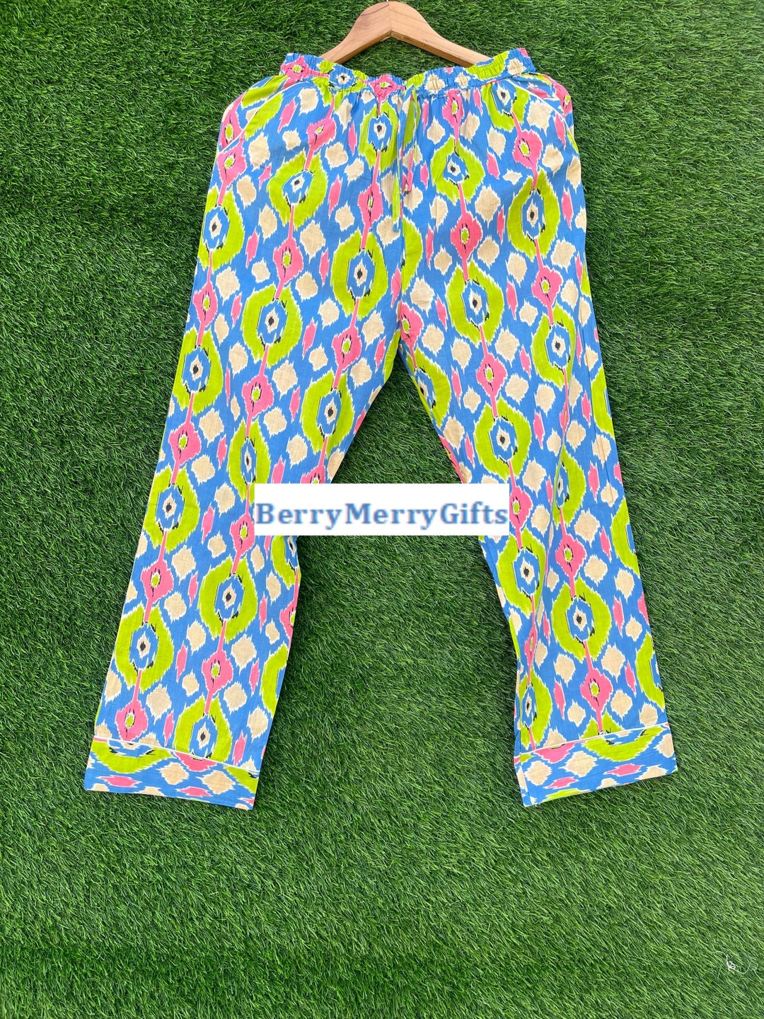 Ikat Print Cotton Pajama Pants, Women Lounge Pants, Beach Pants, Floral