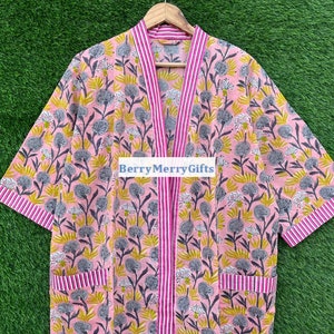 Roupão de banho de algodão com estampa floral, tamanho longo, camisola feita à mão, kimno, roupa de dormir, roupão turco, roupão de dormir, vestido boêmio, hippie