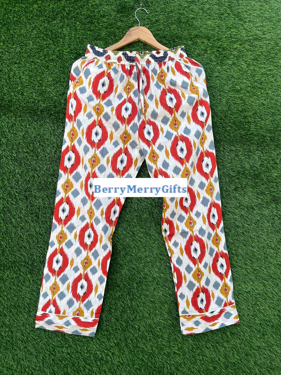 Ikat Print Cotton Pajama Pants, Women Lounge Pants, Beach Pants, Floral