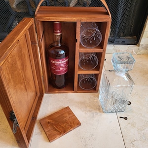 Rustic Cedar Locking Whiskey Toasting Box with Three Glasses and Decanter