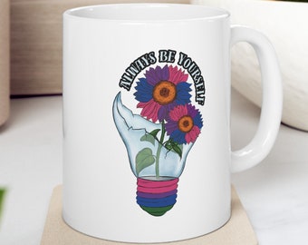 Sunflowers in a Light Bulb Bisexual Flag Colors Ceramic Mug Inspirational Enamel Cup Best LGBTQ Pride Month Gift