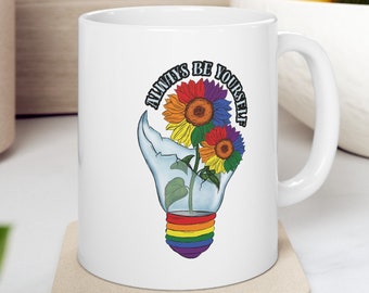 Sunflowers in a Light Bulb Rainbow Flag Colors Ceramic Mug Inspirational Enamel Cup Best LGBTQ Pride Month Gift