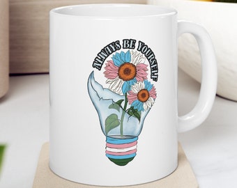 Sunflowers in a Light Bulb Transgender Flag Colors Ceramic Mug Inspirational Enamel Cup Best LGBTQ Pride Month Gift