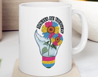 Sunflowers in a Light Bulb Pansexual Flag Colors Ceramic Mug Inspirational Enamel Cup Best LGBTQ Pride Month Gift